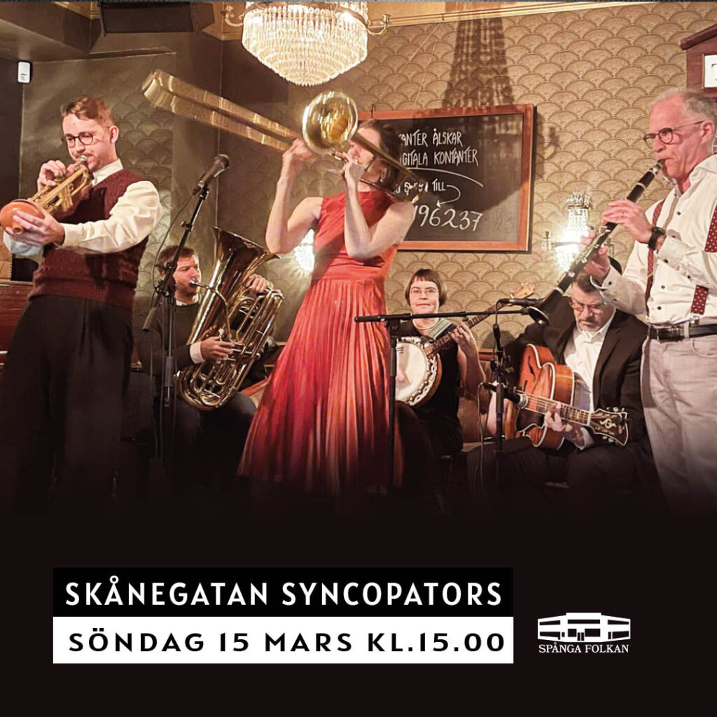 6 personer i ett rum som spelar instrument varav en är kvinna